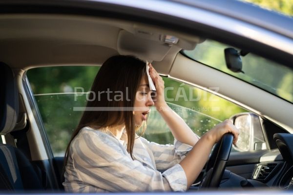 girl driver being hot during heat wave in car suffering from hot weather has problem with a t20 ynvpbm