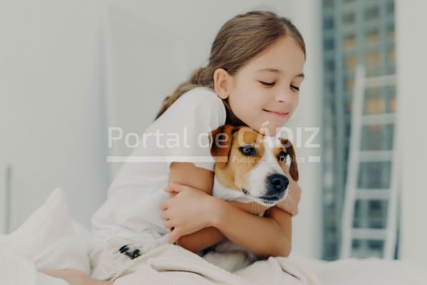 pleased little girl plays with pet embraces dog and keeps eyes closed from pleasure dressed in t20 nlkkgk