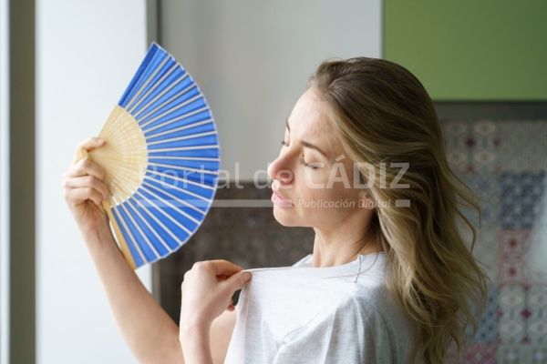 side view caucasian tired overheated woman in t shirt using wave fan suffer from heat sweating cools t20 8gxdnq